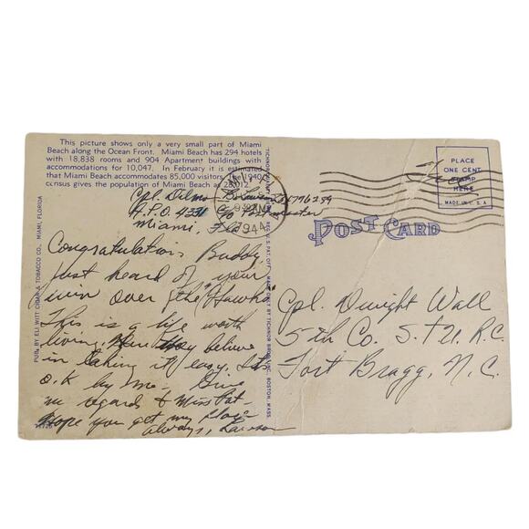 Vintage 1940s MIAMI BEACH Ocean Drive Linen Postcard, WWII Era Military 1944 FL - Picture 3 of 4